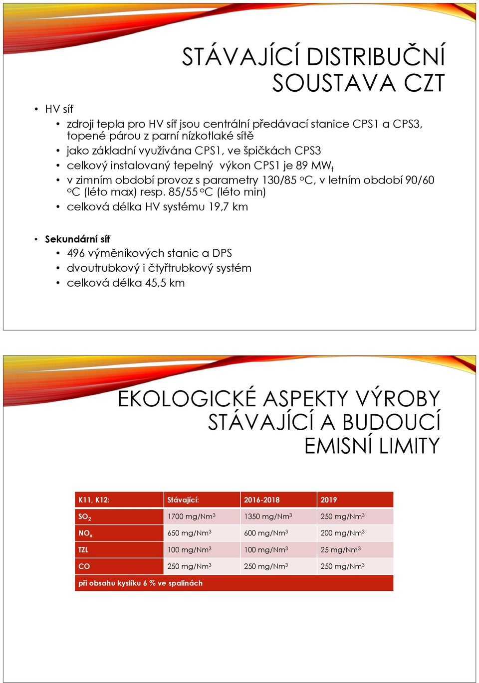 85/55 o C (léto min) celková délka HV systému 19,7 km Sekundární síť 496 výměníkových stanic a DPS dvoutrubkový i čtyřtrubkový systém celková délka 45,5 km EKOLOGICKÉ ASPEKTY VÝROBY STÁVAJÍCÍ A