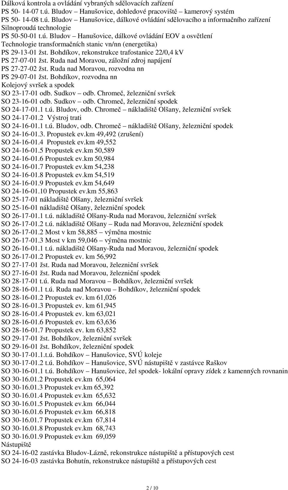 Ruda nad Moravou, záložní zdroj napájení PS 27-27-02 žst. Ruda nad Moravou, rozvodna nn PS 29-07-01 žst. Bohdíkov, rozvodna nn Kolejový svršek a spodek SO 23-17-01 odb. Sudkov odb.