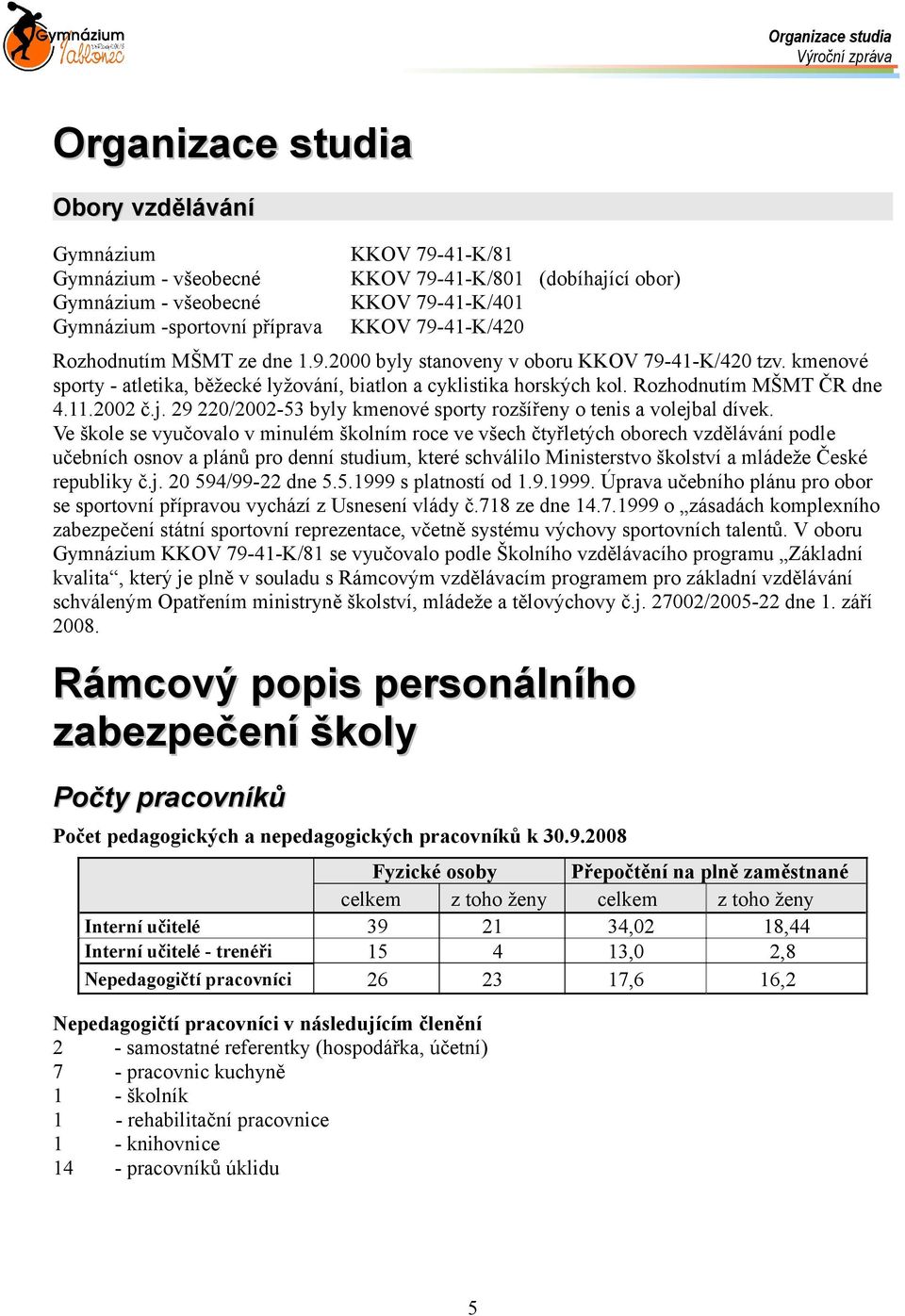 Rozhodnutím MŠMT ČR dne 4.11.2002 č.j. 29 220/2002-53 byly kmenové sporty rozšířeny o tenis a volejbal dívek.