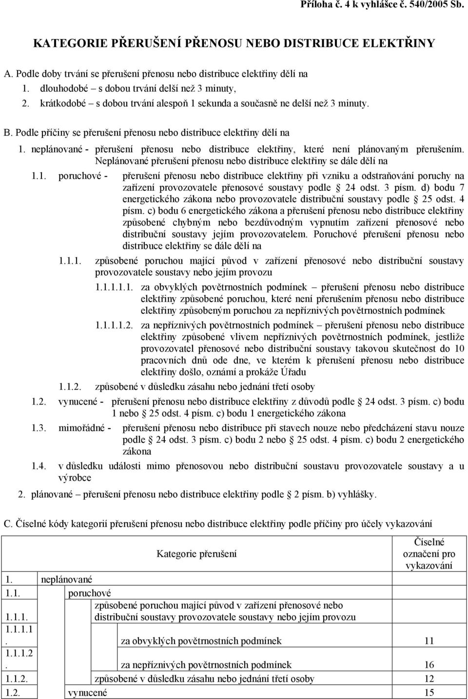 Podle příčiny se přerušení přenosu nebo distribuce elektřiny dělí na 1. neplánované - přerušení přenosu nebo distribuce elektřiny, které není plánovaným přerušením.