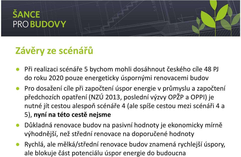 scénáře 4 (ale spíše cestou mezi scénáři 4 a 5), nyní na této cestě nejsme Důkladná renovace budov na pasivní hodnoty je ekonomicky mírně výhodnější,