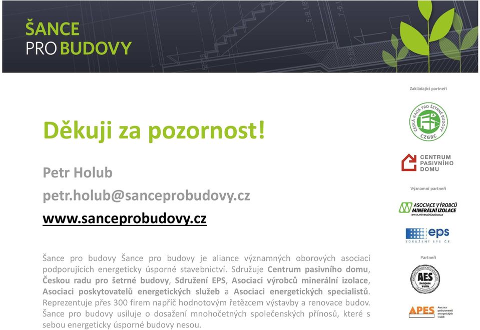 cz Významní partneři Šance pro budovy Šance pro budovy je aliance významných oborových asociací podporujících energeticky úsporné stavebnictví.