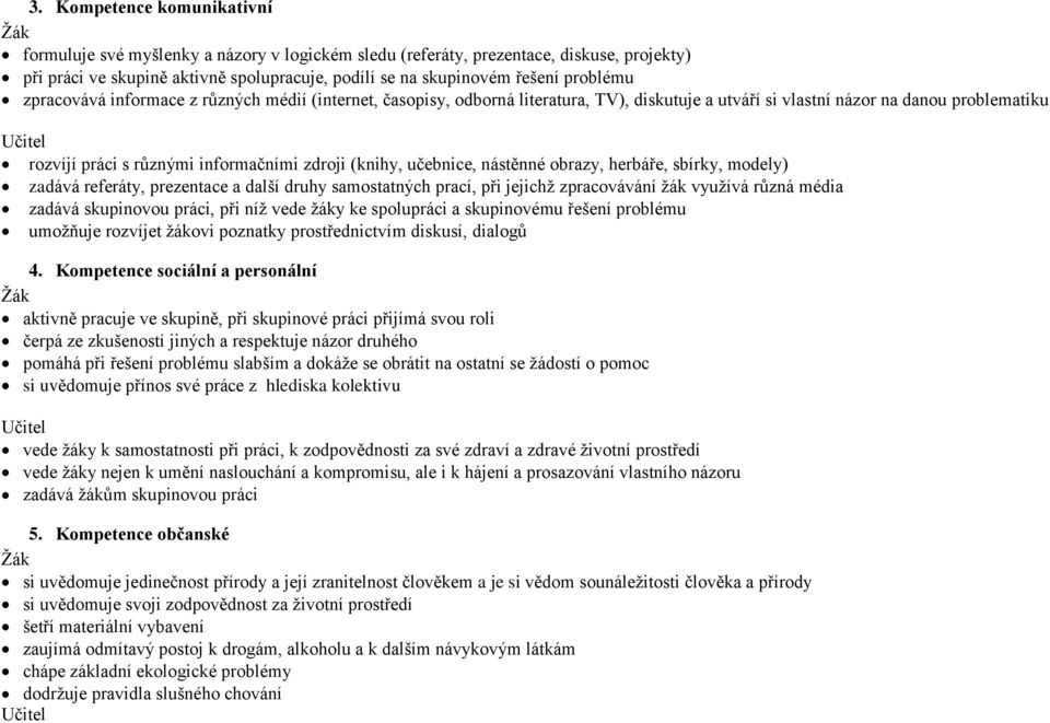 zdroji (knihy, učebnice, nástěnné obrazy, herbáře, sbírky, modely) zadává referáty, prezentace a další druhy samostatných prací, při jejichž zpracovávání žák využívá různá média zadává skupinovou