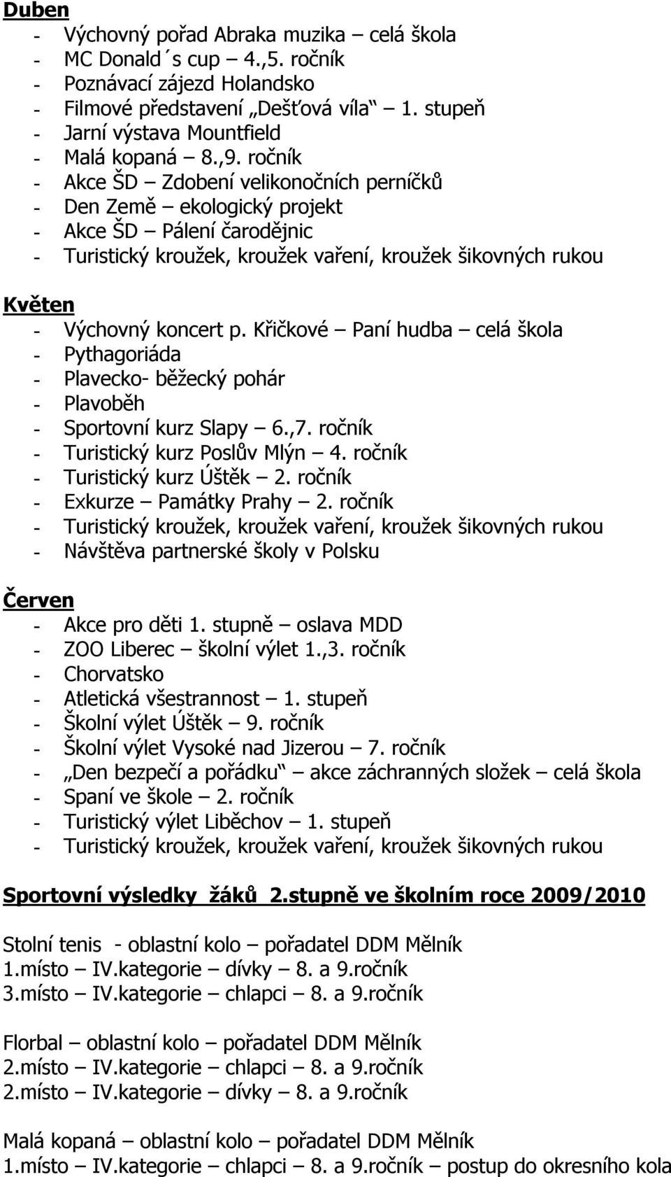 Křičkové Paní hudba celá škola - Pythagoriáda - Plavecko- běžecký pohár - Plavoběh - Sportovní kurz Slapy 6.,7. ročník - Turistický kurz Poslův Mlýn 4. ročník - Turistický kurz Úštěk 2.