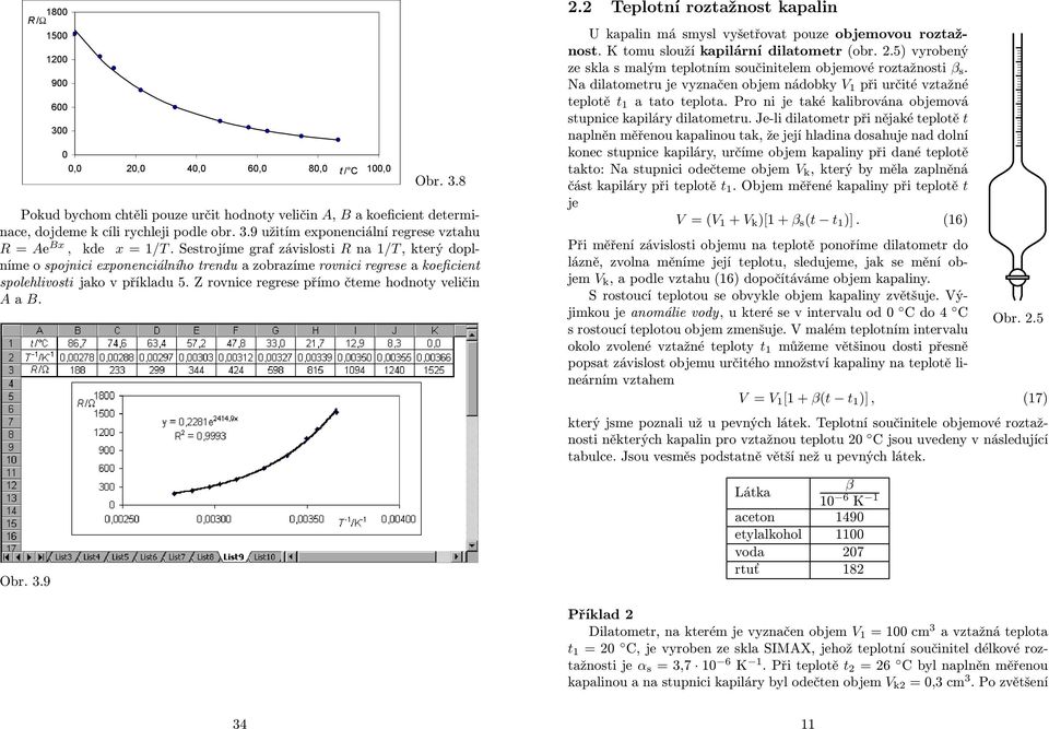 Z rovnice regrese přímo čteme hodnoty veličin A a B. Obr. 3.9 2.2 Teplotní roztažnost kapalin U kapalin má smysl vyšetřovat pouze objemovou roztažnost. Ktomusloužíkapilární dilatometr (obr. 2.5) vyrobený ze skla s malým teplotním součinitelem objemové roztažnosti β s.