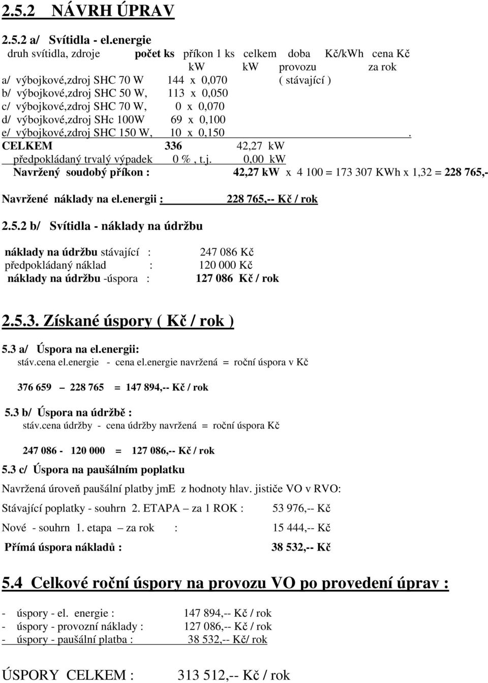 výbojkové,zdroj SHC 70 W, 0 x 0,070 d/ výbojkové,zdroj SHc 100W 69 x 0,100 e/ výbojkové,zdroj SHC 150 W, 10 x 0,150. CELKEM 336 42,27 kw předpokládaný trvalý výpadek 0 %, t.j. 0,00 kw Navržený soudobý příkon : 42,27 kw x 4 100 = 173 307 KWh x 1,32 = 228 765,- Navržené náklady na el.