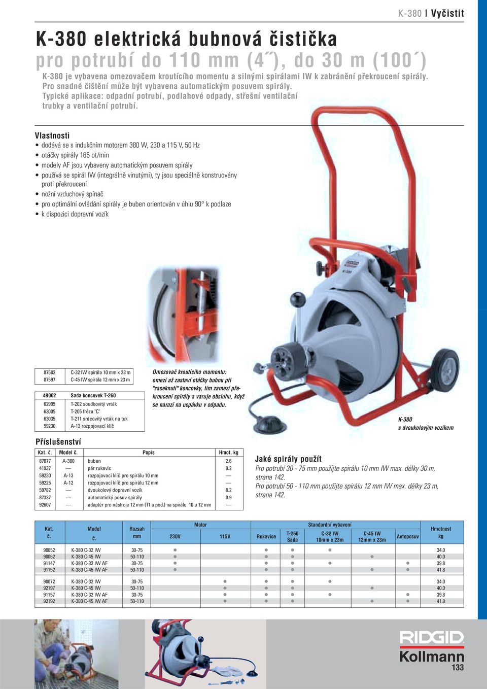 K-380 VyËistit Vlastnosti dodává se s indukčním motorem 380 W, 230 a 115 V, 50 Hz otáčky spirály 165 ot/min modely AF jsou vybaveny automatickým posuvem spirály používá se spirál IW (integrálně