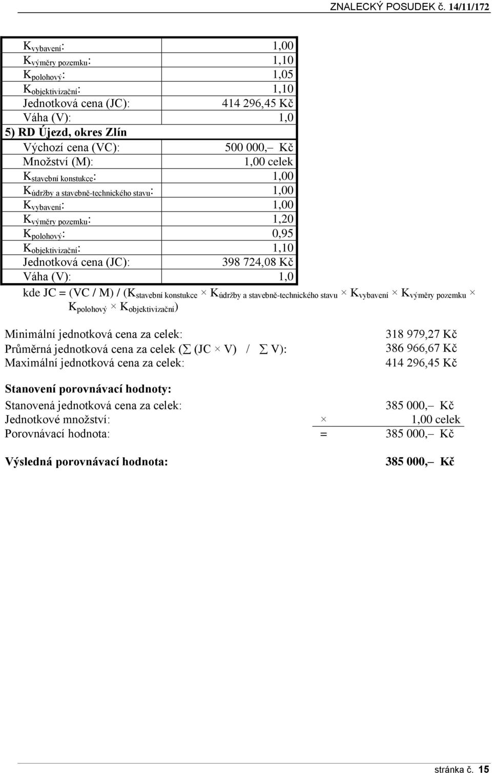 724,08 Kč Váha (V): 1,0 kde JC = (VC / M) / (K stavební konstukce K údržby a stavebně-technického stavu K vybavení K výměry pozemku K polohový K objektivizační ) Minimální jednotková cena za celek: