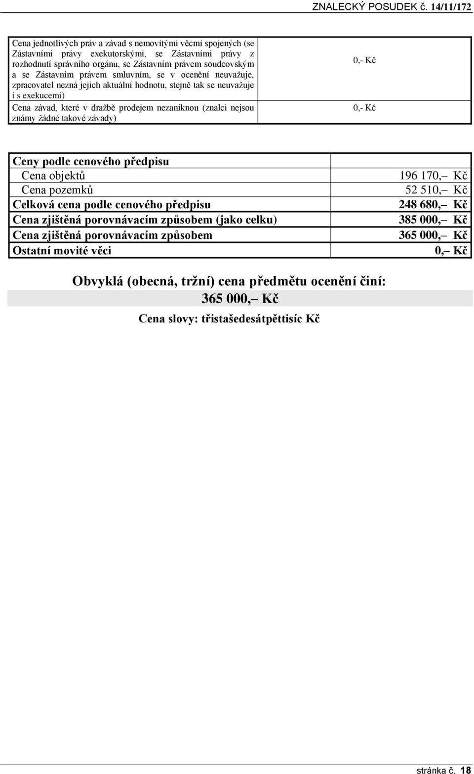 takové závady) 0,- Kč 0,- Kč Ceny podle cenového předpisu Cena objektů Cena pozemků Celková cena podle cenového předpisu Cena zjištěná porovnávacím způsobem (jako celku) Cena zjištěná porovnávacím