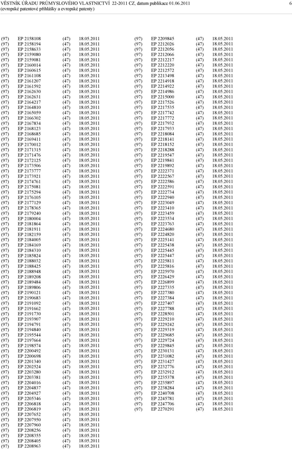 2177129 EP 2178365 EP 2179240 EP 2180004 EP 2181864 EP 2181911 EP 2182159 EP 2184005 EP 2184169 EP 2184310 EP 2185824 EP 2188032 EP 2188425 EP 2188948 EP 2189208 EP 2189484 EP 2189806 EP 2190121 EP