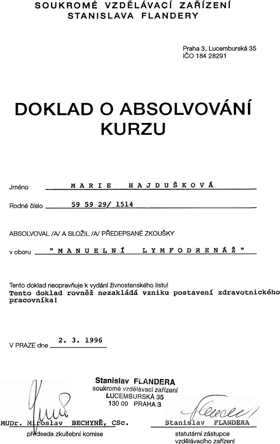 neopravr'iuje k vydzinf Zivnostensk6ho listu! Tento doklad rovngz nezaklbds vzniku postaveni zdravotnickeho pracovnika! V PRAZE dne 2. 3.