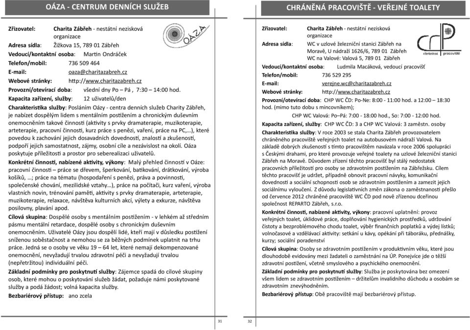 Kapacita zařízení, služby: 12 uživatelů/den Charakteris ka služby: Posláním Oázy - centra denních služeb Charity Zábřeh, je nabízet dospělým lidem s mentálním pos žením a chronickým duševním
