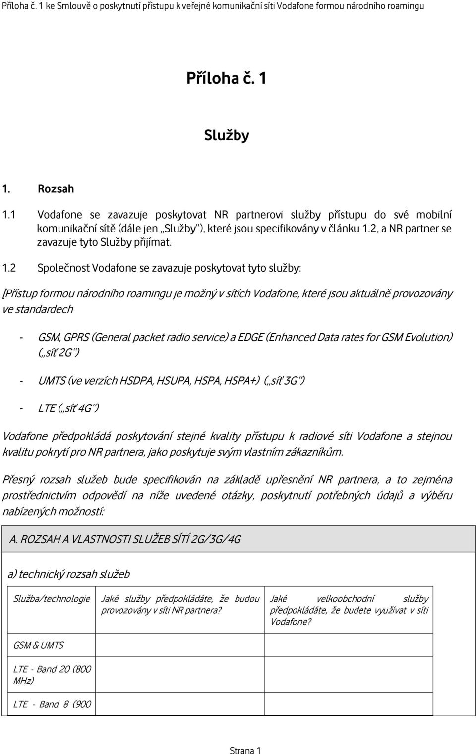 2 Společnost Vodafone se zavazuje poskytovat tyto služby: [Přístup formou národního roamingu je možný v sítích Vodafone, které jsou aktuálně provozovány ve standardech - GSM, GPRS (General packet