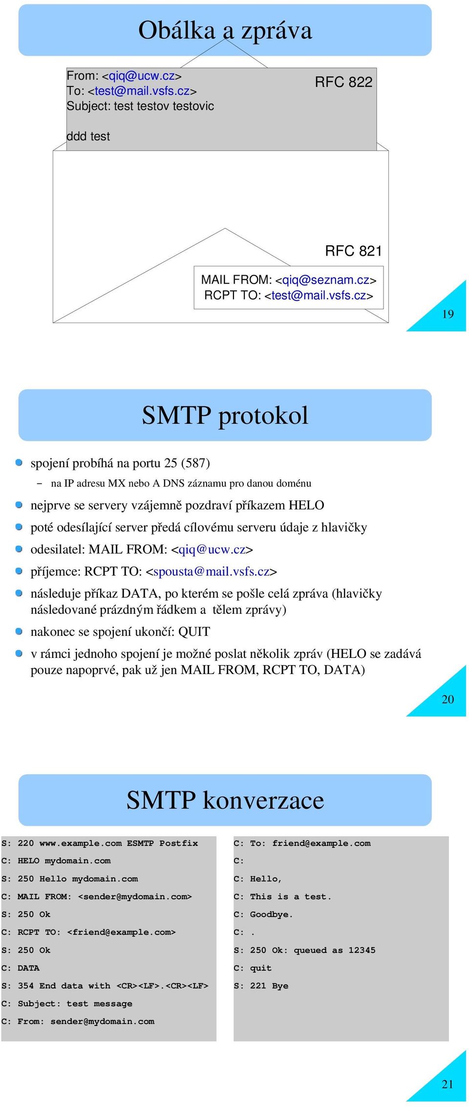 cz> 19 SMTP protokol spojení probíhá na portu 25 (587) na IP adresu MX nebo A DNS záznamu pro danou doménu nejprve se servery vzájemn ě pozdraví příkazem HELO poté odesílající server předá cílovému