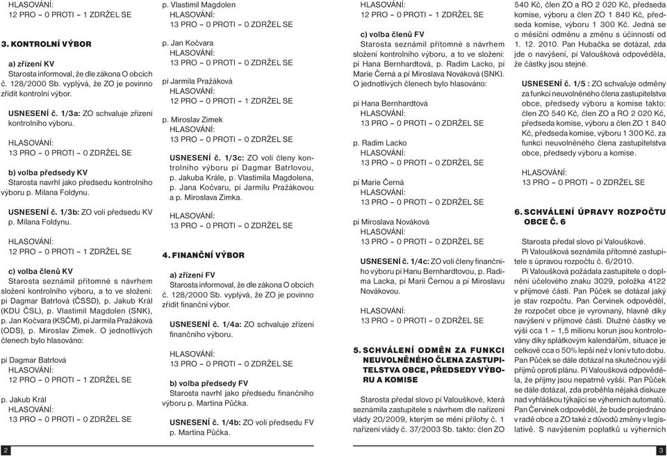 USNESENÍ č. 1/3b: ZO volí předsedu KV p. Milana Foldynu. c) volba členů KV Starosta seznámil přítomné s návrhem složení kontrolního výboru, a to ve složení: pí Dagmar Batrlová (ČSSD), p.