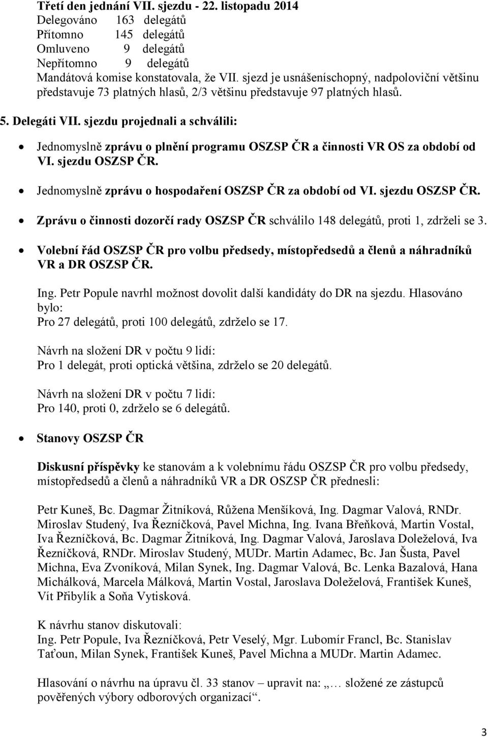 sjezdu projednali a schválili: Jednomyslně zprávu o plnění programu OSZSP ČR a činnosti VR OS za období od VI. sjezdu OSZSP ČR. Jednomyslně zprávu o hospodaření OSZSP ČR za období od VI.