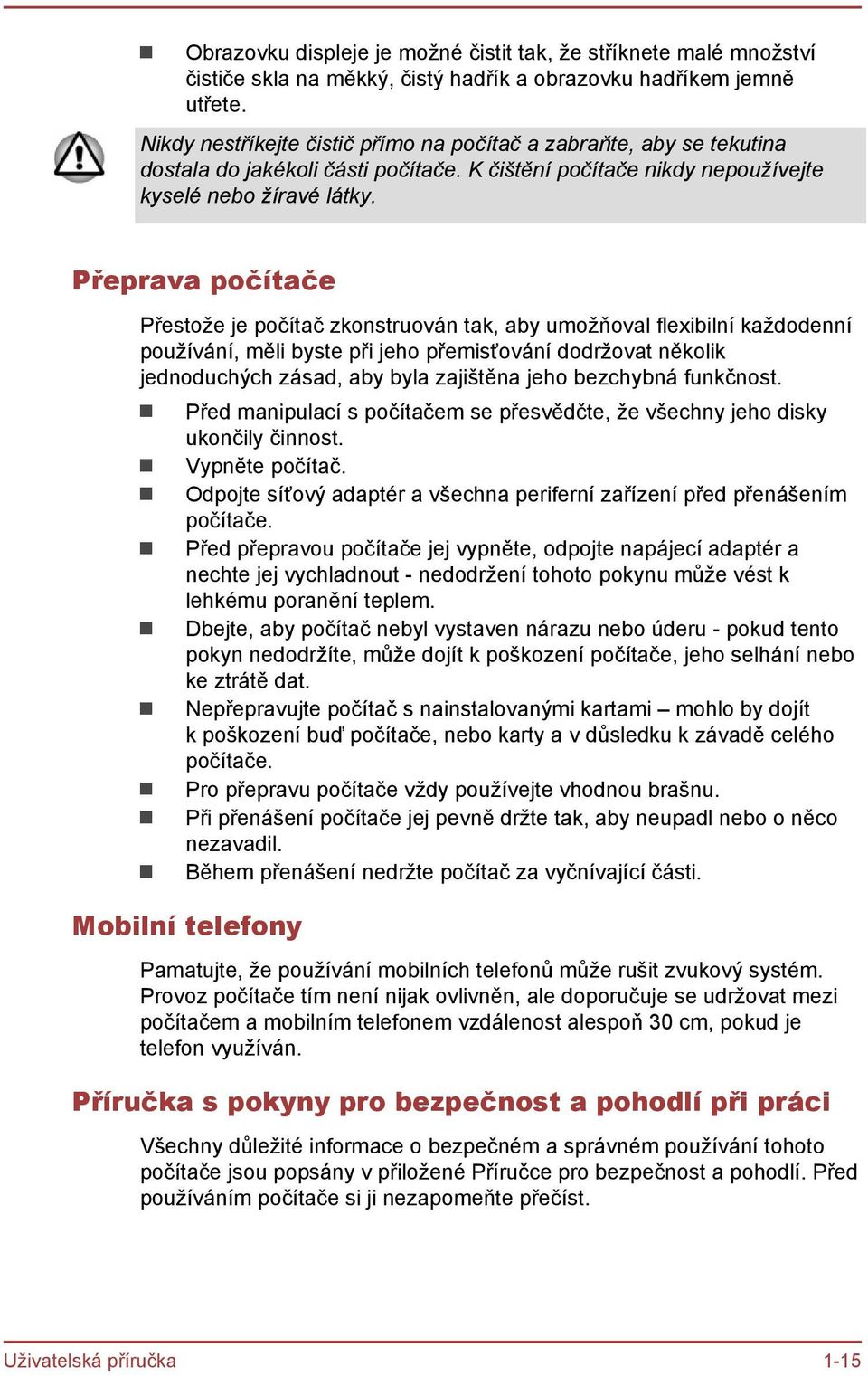 Přeprava počítače Přestože je počítač zkonstruován tak, aby umožňoval flexibilní každodenní používání, měli byste při jeho přemisťování dodržovat několik jednoduchých zásad, aby byla zajištěna jeho