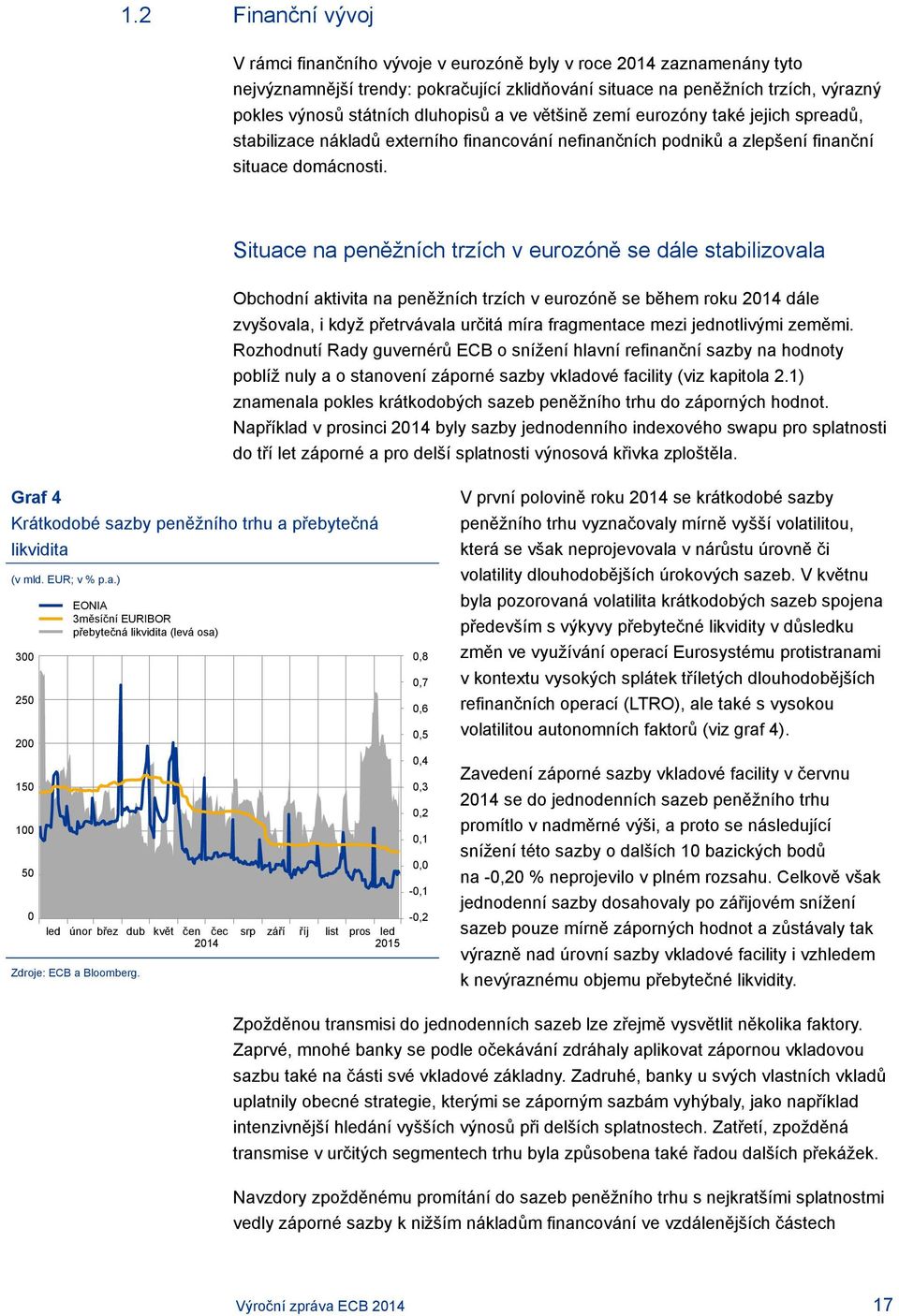 Situace na peněžních trzích v eurozóně se dále stabilizovala Obchodní aktivita na peněžních trzích v eurozóně se během roku 2014 dále zvyšovala, i když přetrvávala určitá míra fragmentace mezi