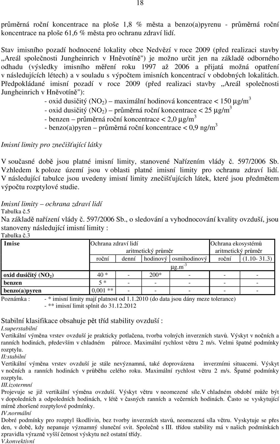 měření roku 1997 až 2006 a přijatá možná opatření v následujících létech) a v souladu s výpočtem imisních koncentrací v obdobných lokalitách.