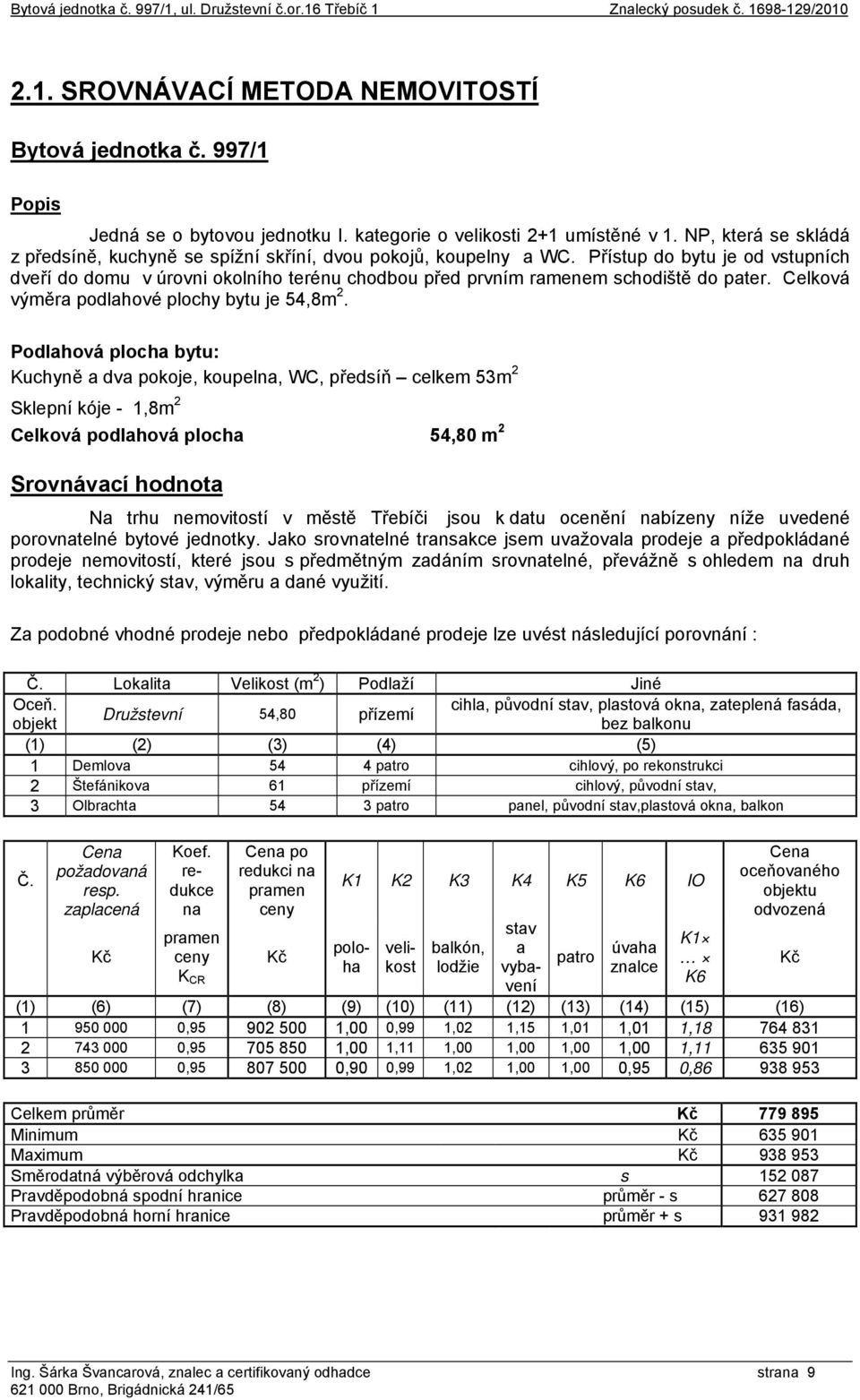 Přístup do bytu je od vstupních dveří do domu v úrovni okolního terénu chodbou před prvním ramenem schodiště do pater. Celková výměra podlahové plochy bytu je 54,8m 2.