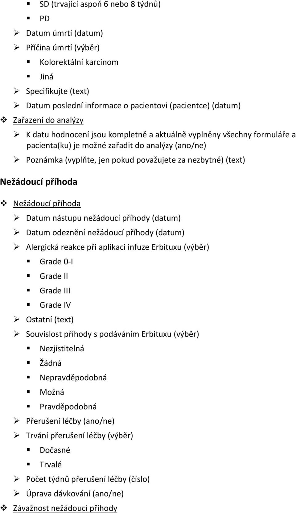 příhoda Nežádoucí příhoda Datum nástupu nežádoucí příhody (datum) Datum odeznění nežádoucí příhody (datum) Alergická reakce při aplikaci infuze Erbituxu (výběr) Grade 0 I Grade II Grade III Grade IV