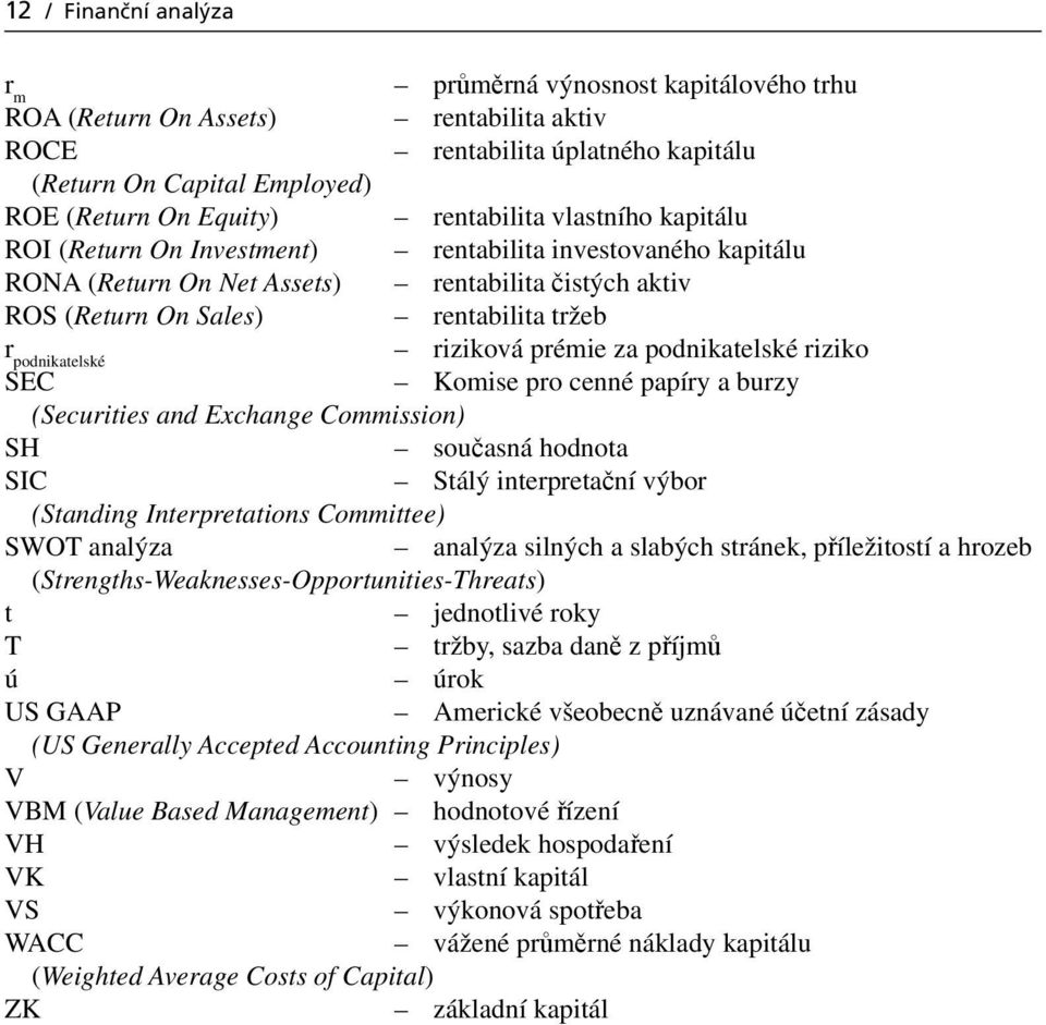 podnikatelské riziková prémie za podnikatelské riziko SEC Komise pro cenné papíry a burzy (Securities and Exchange Commission) SH současná hodnota SIC Stálý interpretační výbor (Standing