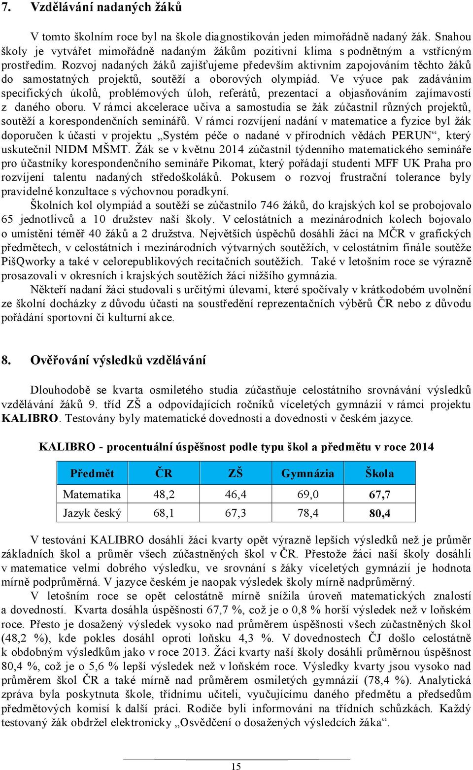 Rozvoj nadaných žáků zajišťujeme především aktivním zapojováním těchto žáků do samostatných projektů, soutěží a oborových olympiád.