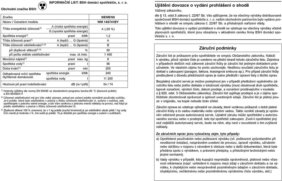 Třída účinnosti odstřeďování 1) 2) A (lepší) G (špatná) B při zbytkové vlhkosti 1) 3) % 50 při počtu otáček odstřeďování max. ot./min. 1 400 Množství náplně 1) praní max.