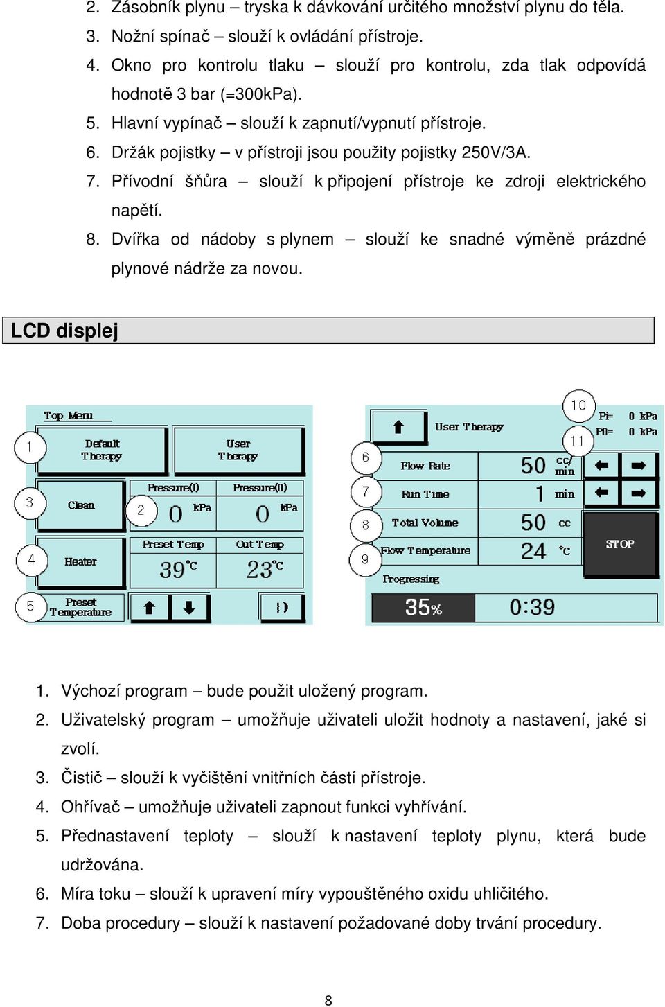 Držák pojistky v přístroji jsou použity pojistky 250V/3A. 7. Přívodní šňůra slouží k připojení přístroje ke zdroji elektrického napětí. 8.