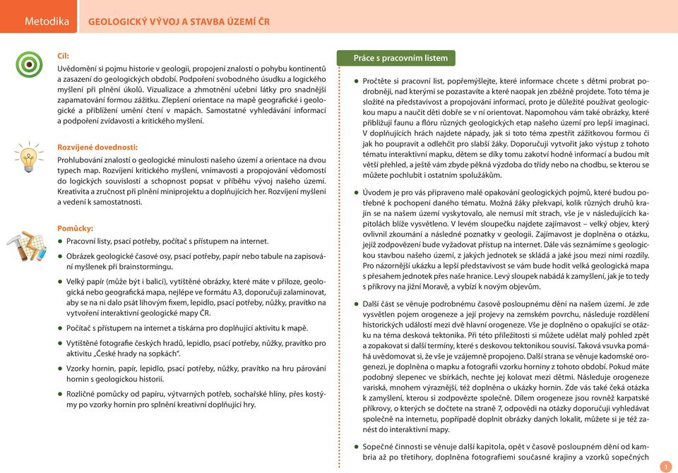 Samostatné vyhledávání informací a podpoření zvídavosti a kritického myšlení. Rozvíjené dovednosti: Prohlubování znalostí o geologické minulosti našeho území a orientace na dvou typech map.