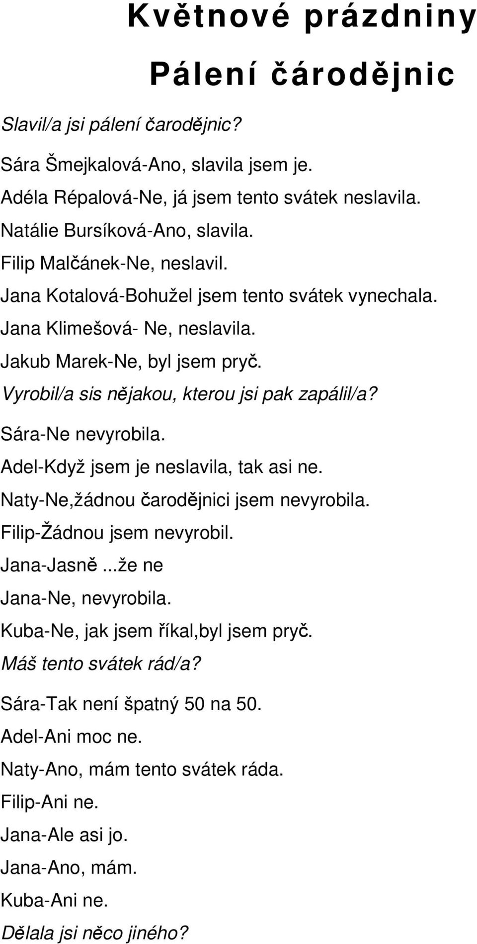 Sára-Ne nevyrobila. Adel-Když jsem je neslavila, tak asi ne. Naty-Ne,žádnou čarodějnici jsem nevyrobila. Filip-Žádnou jsem nevyrobil. Jana-Jasně...že ne Jana-Ne, nevyrobila.