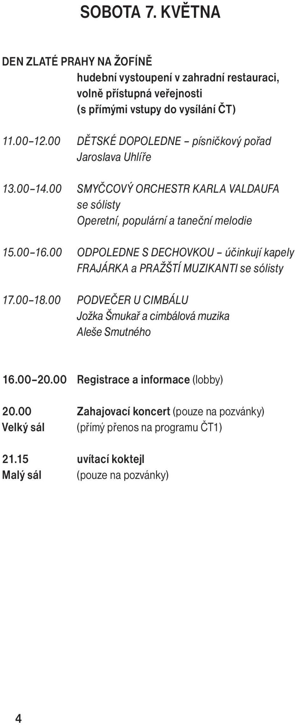 00 ODPOLEDNE S DECHOVKOU účinkují kapely FRAJÁRKA a PRAŽŠTÍ MUZIKANTI se sólisty 17.00 18.00 PODVEČER U CIMBÁLU Jožka Šmukař a cimbálová muzika Aleše Smutného 16.