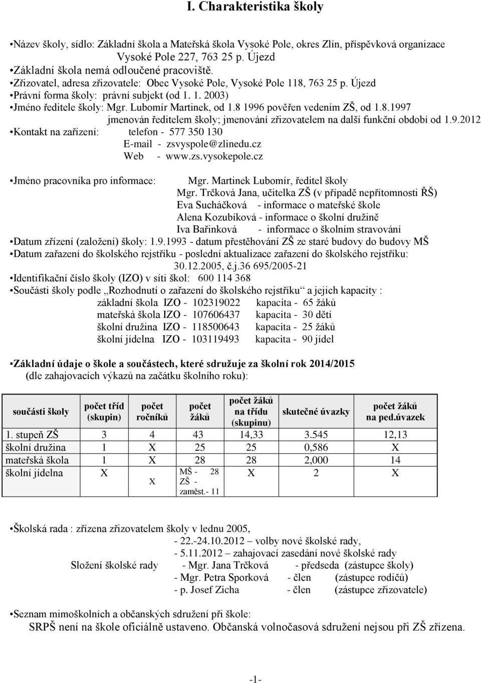 8 1996 pověřen vedením ZŠ, od 1.8.1997 jmenován ředitelem školy; jmenování zřizovatelem na další funkční období od 1.9.2012 Kontakt na zařízení: telefon - 577 350 130 E-mail - zsvyspole@zlinedu.