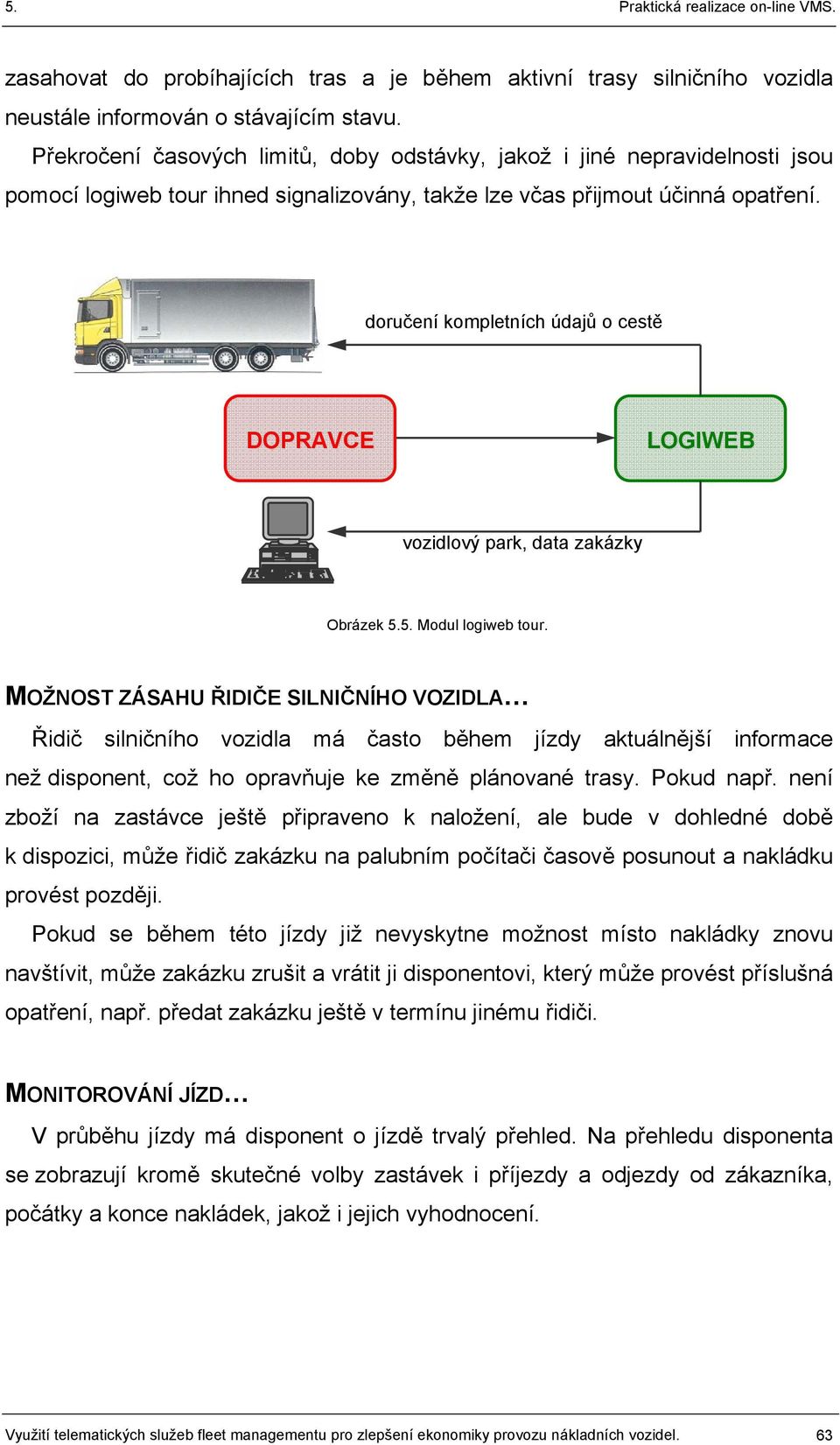 doručení kompletních údajů o cestě DOPRAVCE LOGIWEB vozidlový park, data zakázky Obrázek 5.5. Modul logiweb tour.