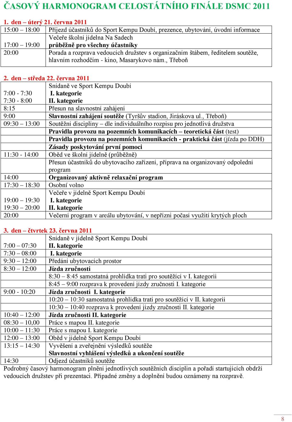 rozprava vedoucích družstev s organizačním štábem, ředitelem soutěže, hlavním rozhodčím - kino, Masarykovo nám., Třeboň 2. den středa 22. června 2011 Snídaně ve Sport Kempu Doubí 7:00-7:30 I.