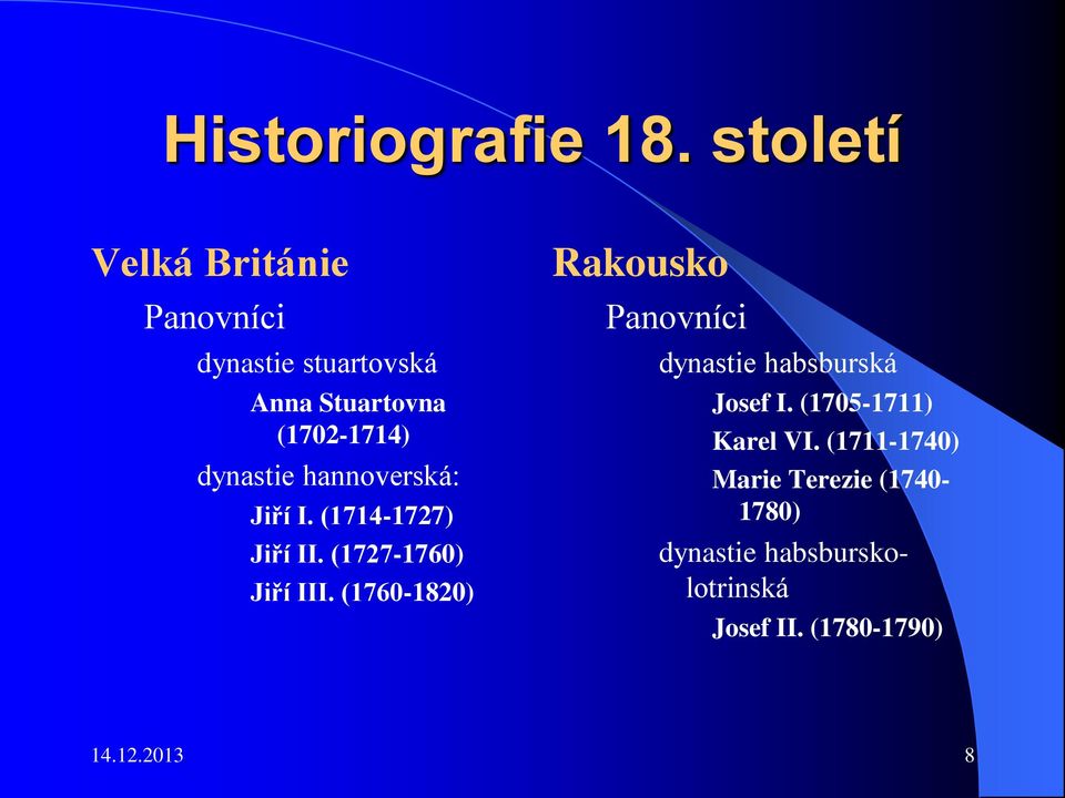 dynastie hannoverská: Jiří I. (1714-1727) Jiří II. (1727-1760) Jiří III.