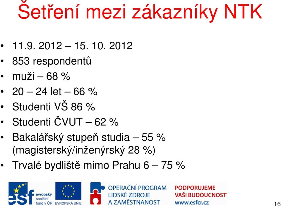 VŠ 86 % Studenti ČVUT 62 % Bakalářský stupeň studia 55