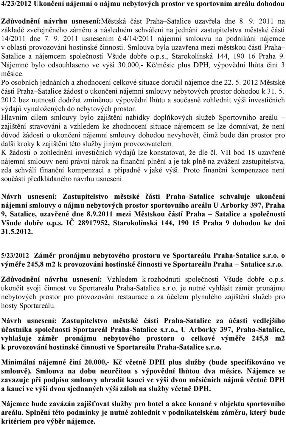 4/14/2011 nájemní smlouvu na podnikání nájemce v oblasti provozování hostinské činnosti. Smlouva byla uzavřena mezi městskou částí Praha Satalice a nájemcem společností Všude dobře o.p.s., Starokolínská 144, 190 16 Praha 9.