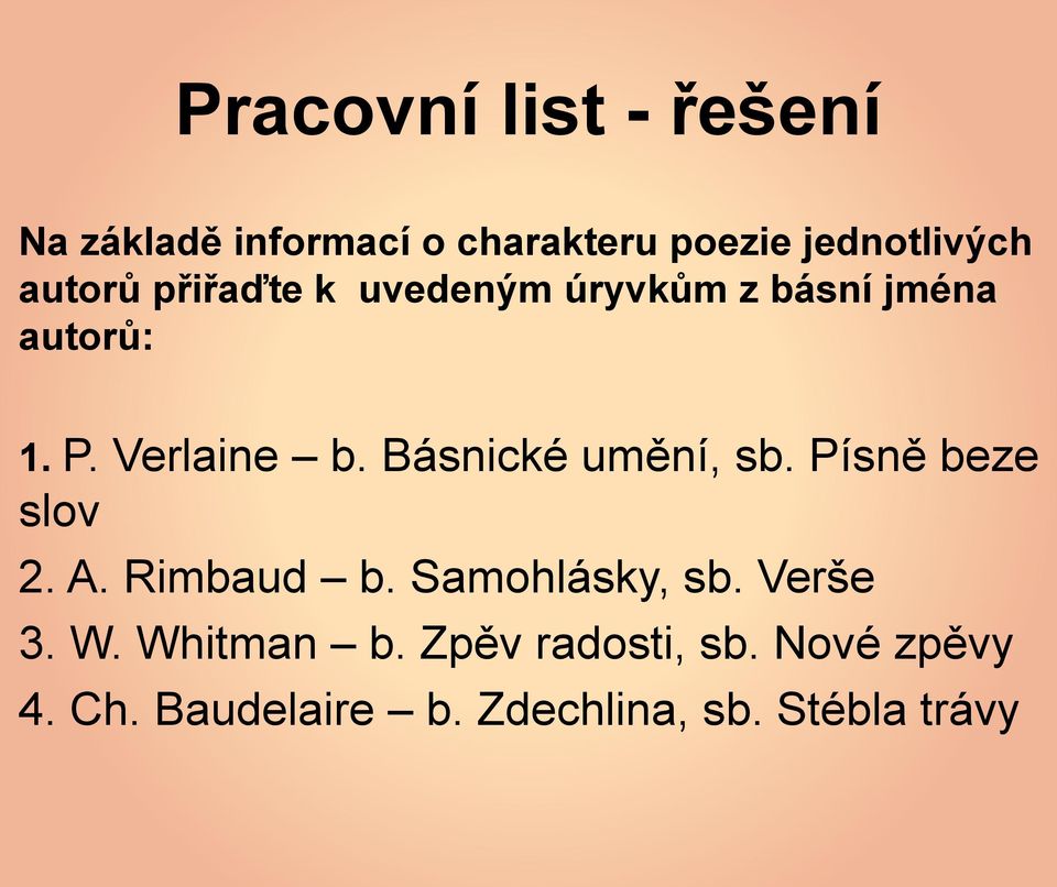 Básnické umění, sb. Písně beze slov 2. A. Rimbaud b. Samohlásky, sb. Verše 3. W.