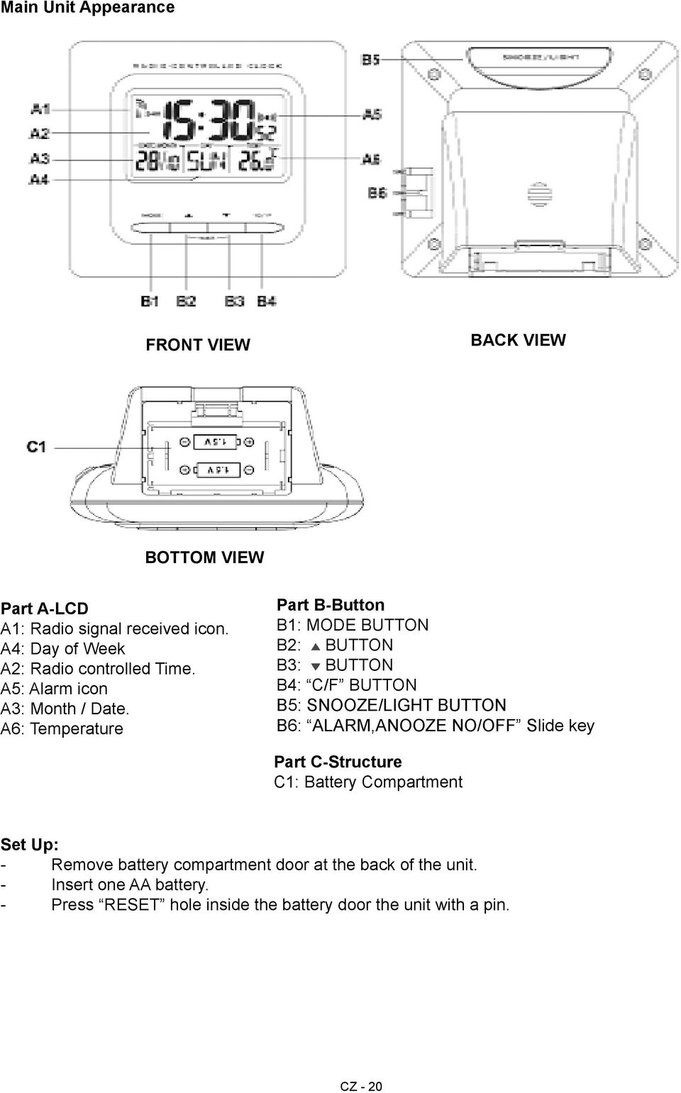 A6: Temperature Part B-Button B1: MODE BUTTON B2: BUTTON B3: BUTTON B4: C/F BUTTON B5: SNOOZE/LIGHT BUTTON B6: ALARM,ANOOZE