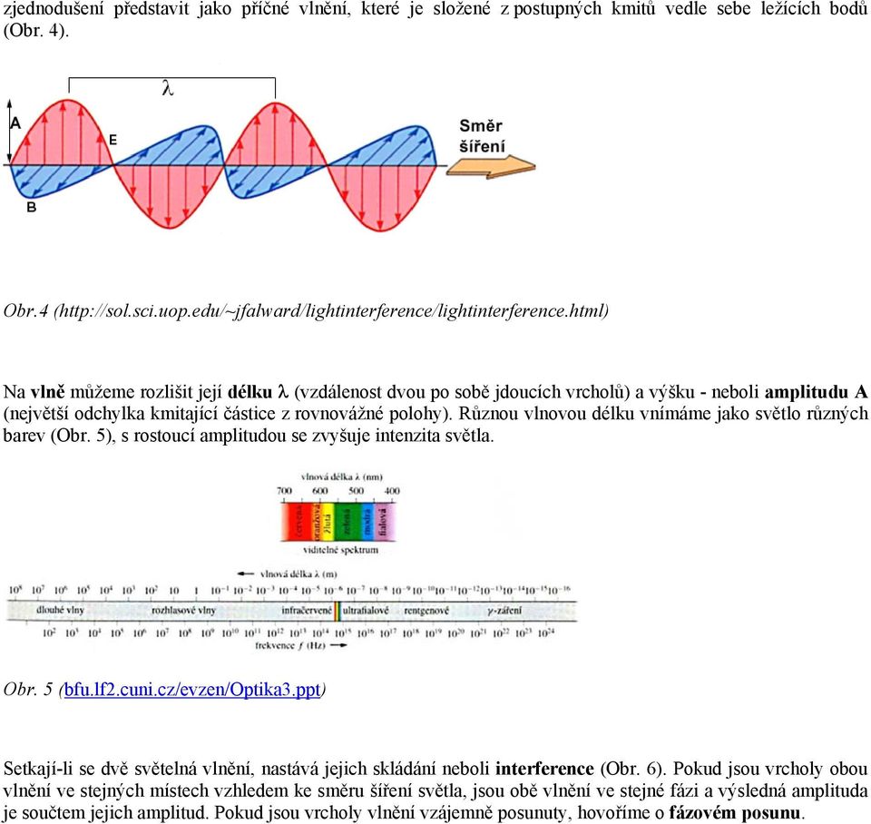 Různou vlnovou délku vnímáme jako světlo různých barev (Obr. 5), s rostoucí amplitudou se zvyšuje intenzita světla. Obr. 5 (bfu.lf2.cuni.cz/evzen/optika3.