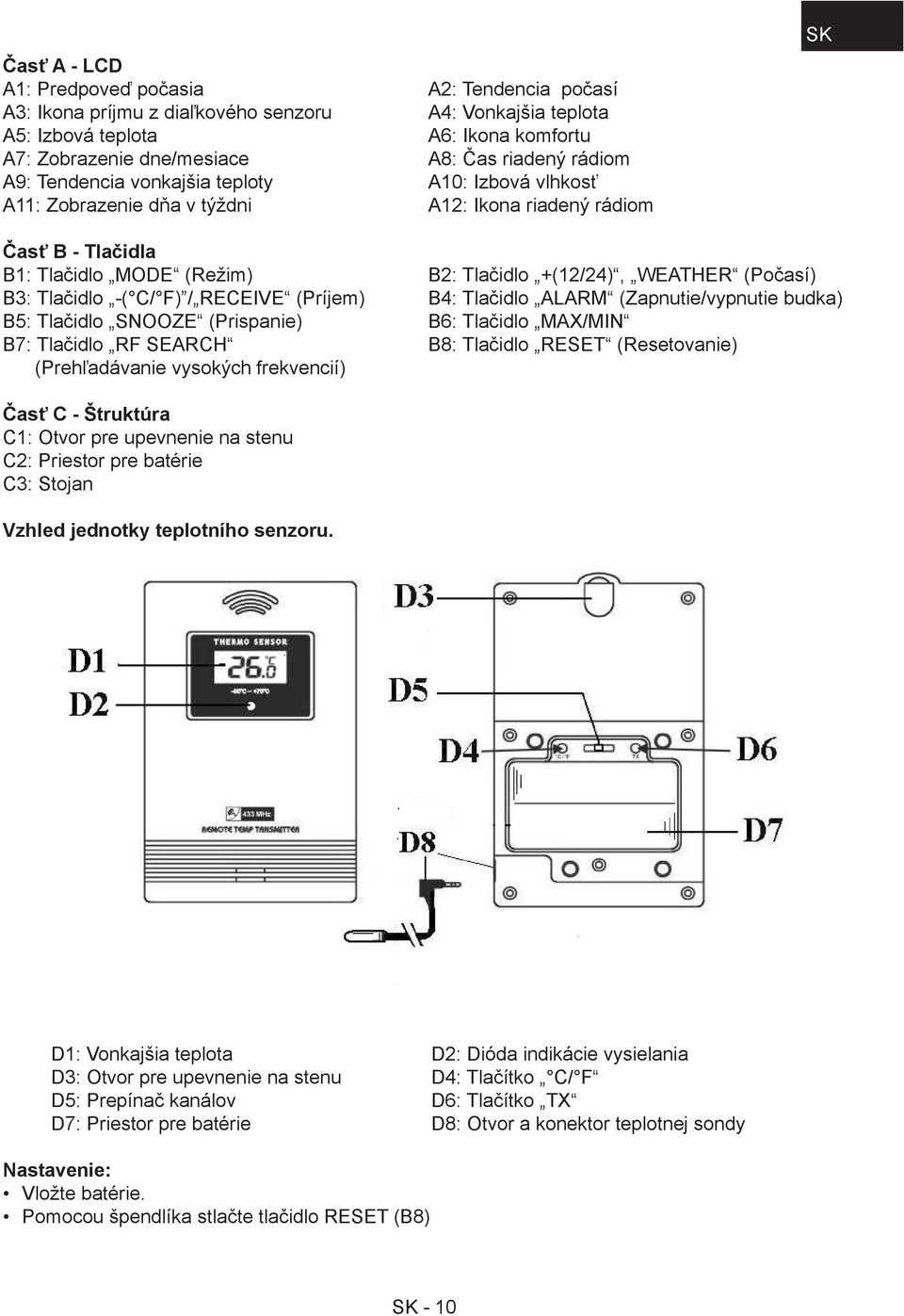 (Počasí) B3: Tlačidlo -( C/ F) / RECEIVE (Príjem) B4: Tlačidlo ALARM (Zapnutie/vypnutie budka) B5: Tlačidlo SNOOZE (Prispanie) B6: Tlačidlo MAX/MIN B7: Tlačidlo RF SEARCH B8: Tlačidlo RESET