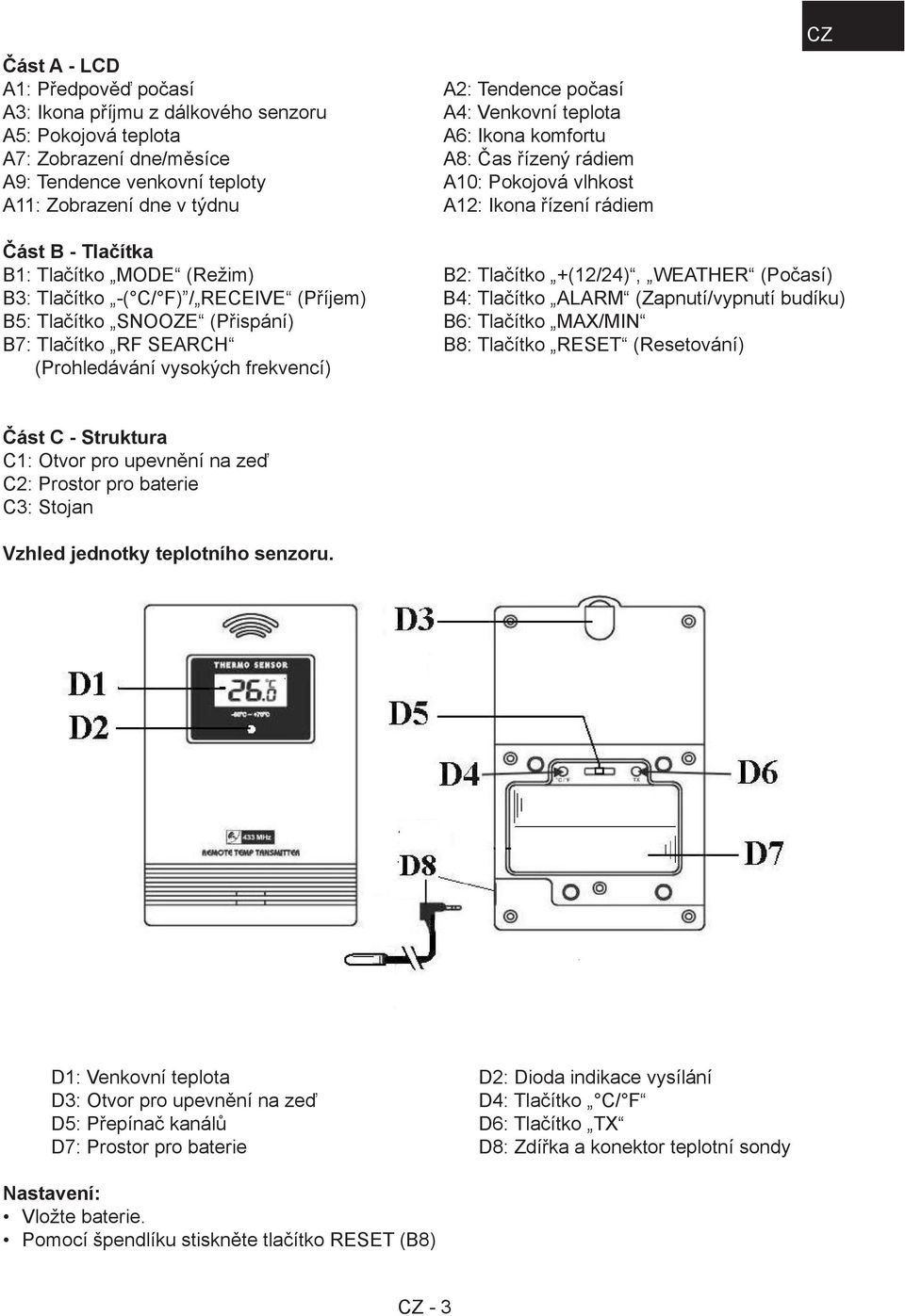 Tlačítko -( C/ F) / RECEIVE (Příjem) B4: Tlačítko ALARM (Zapnutí/vypnutí budíku) B5: Tlačítko SNOOZE (Přispání) B6: Tlačítko MAX/MIN B7: Tlačítko RF SEARCH B8: Tlačítko RESET (Resetování)