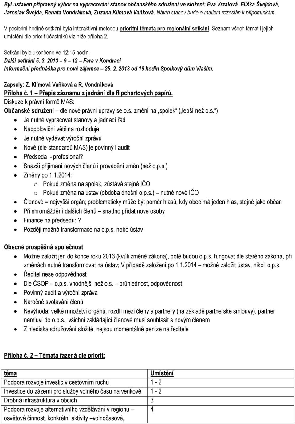 Seznam všech témat i jejich umístění dle priorit účastníků viz níže příloha 2. Setkání bylo ukončeno ve 12:15 hodin. Další setkání 5. 3.
