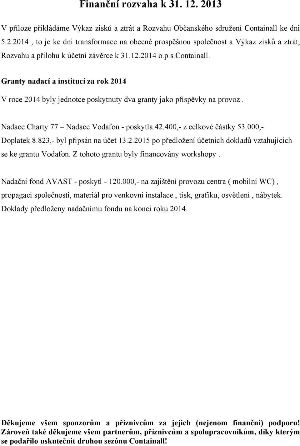 400,- z celkové částky 53.000,- Doplatek 8.823,- byl připsán na účet 13.2.2015 po předložení účetních dokladů vztahujících se ke grantu Vodafon. Z tohoto grantu byly financovány workshopy.