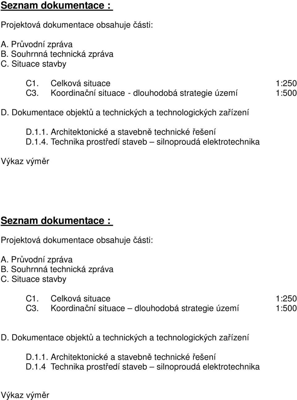 Technika prostředí staveb silnoproudá elektrotechnika Výkaz výměr  Koordinační situace dlouhodobá strategie území 1:500 D. Dokumentace objektů a technických a technologických zařízení D.1.1. Architektonické a stavebně technické řešení D.