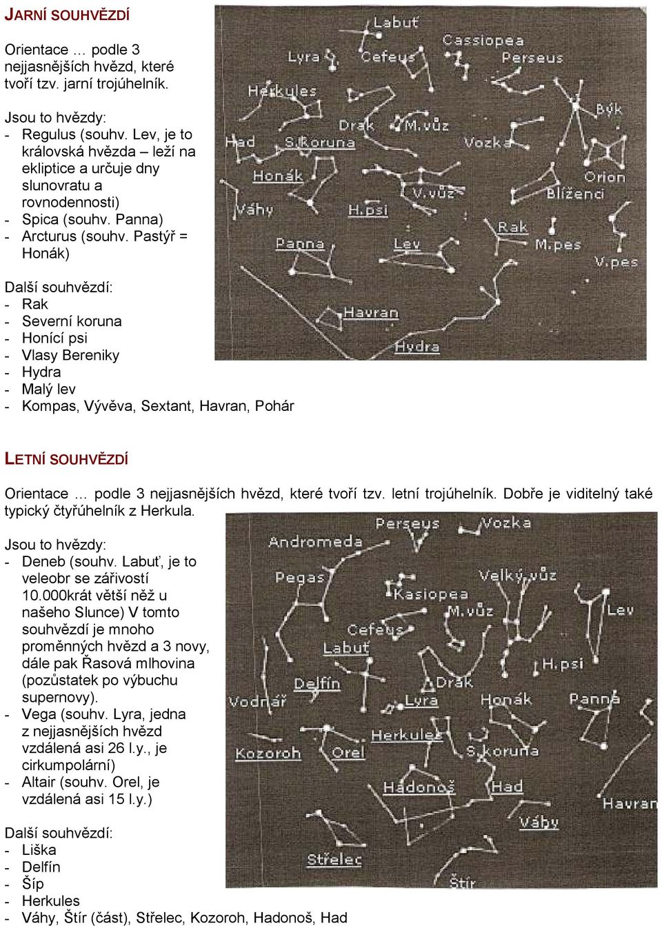 Pastýř = Honák) Další souhvězdí: - Rak - Severní koruna - Honící psi - Vlasy Bereniky - Hydra - Malý lev - Kompas, Vývěva, Sextant, Havran, Pohár LETNÍ SOUHVĚZDÍ Orientace podle 3 nejjasnějších