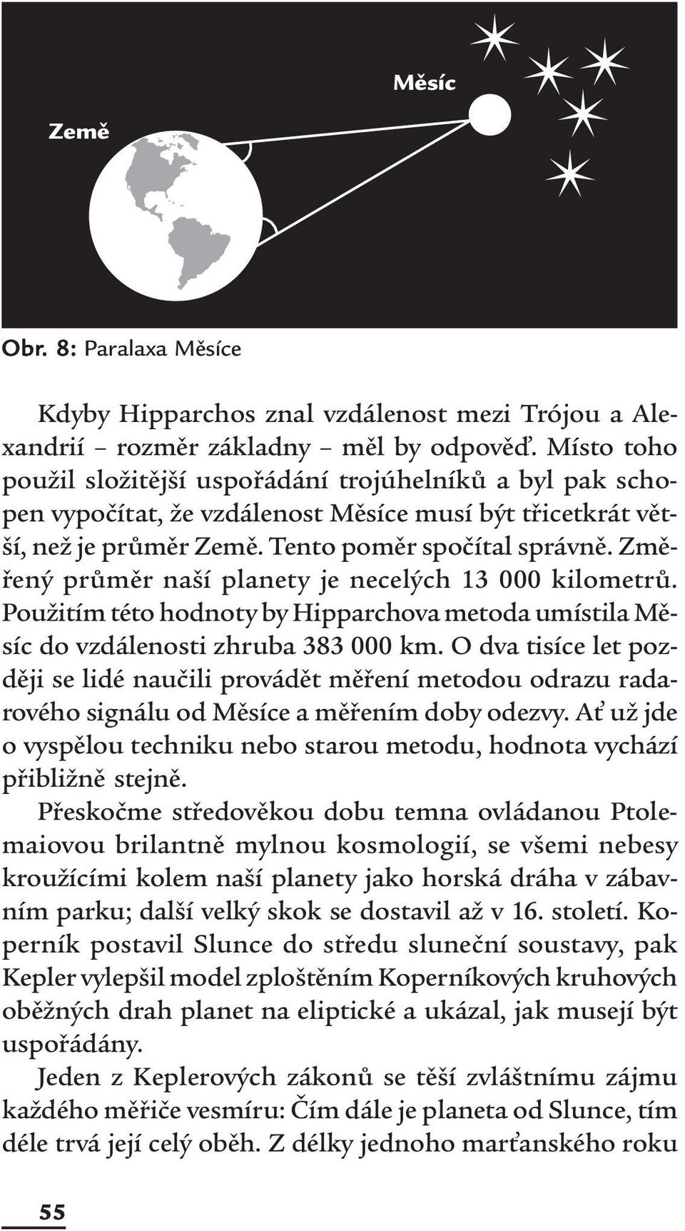 Změřený průměr naší planety je necelých 13 000 kilometrů. Použitím této hodnoty by Hipparchova metoda umístila Měsíc do vzdálenosti zhruba 383 000 km.