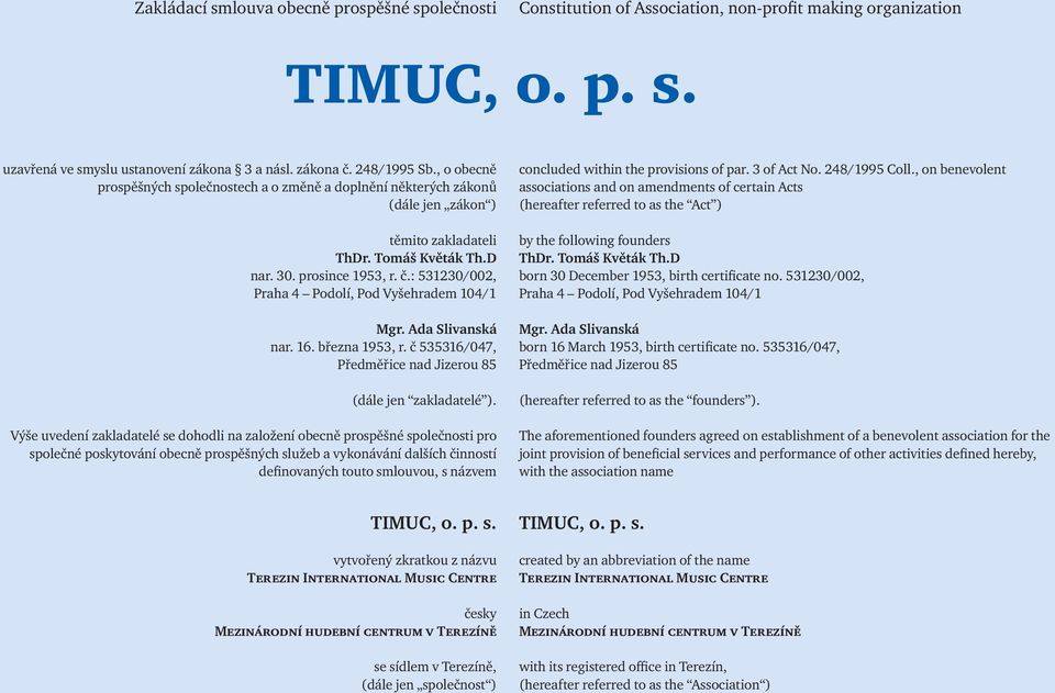 : 531230/002, Praha 4 Podolí, Pod Vyšehradem 104/1 Mgr. Ada Slivanská nar. 16. března 1953, r. č 535316/047, Předměřice nad Jizerou 85 (dále jen zakladatelé ).