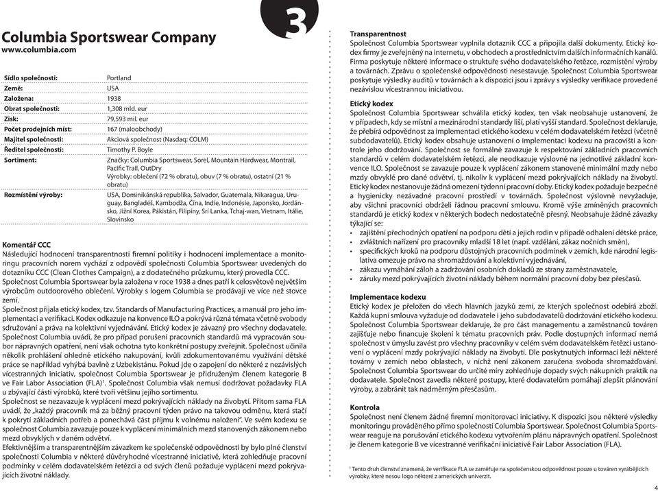 Boyle Značky: Columbia Sportswear, Sorel, Mountain Hardwear, Montrail, Pacific Trail, OutDry Výrobky: oblečení (72 % obratu), obuv (7 % obratu), ostatní (21 % obratu) USA, Dominikánská republika,